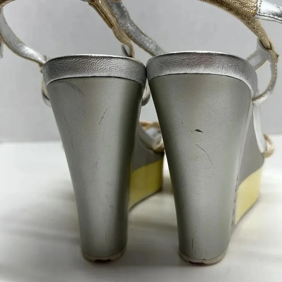 Prada Wedges T-Strap Open Toe High Heel Shoes Leather Yellow Silver Size 38 US 8 - Picture 6 of 12
